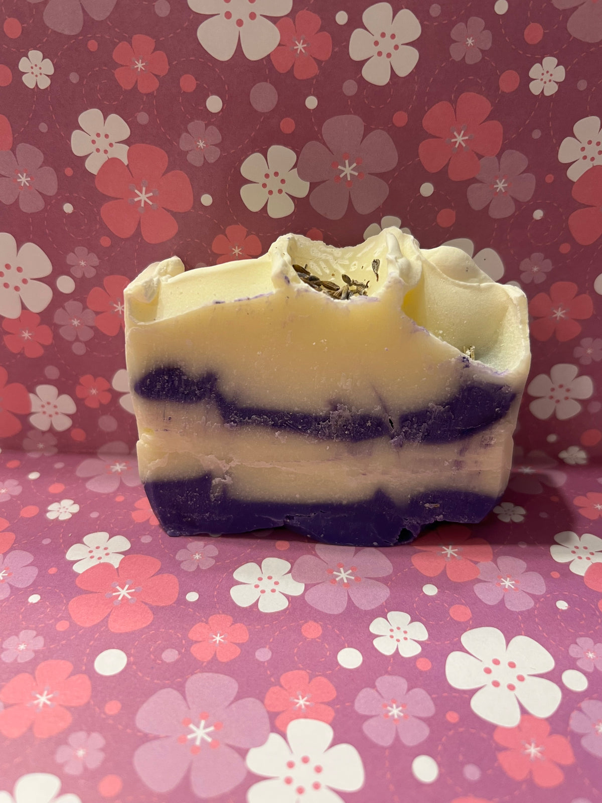 Handcrafted Lavender Earl Soap bar showing beautiful purple and cream layers